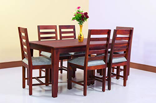 Image of Sheesham Wood 6 Seater Dining Table with Cushion Chairs Wooden Dining Room Set Six Seater Dinner Table for Living Room Home and Restaurant (Maple Finish)