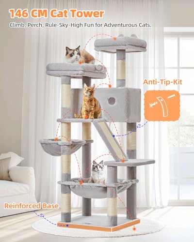 Image of Taoqimiao Cat Tree 57.5-Inch, Cat Tower for Indoor Cats Large Adult, Extra Large Cat Condo, 8 Sisal Scratching Posts, Metal Frame Cozy Hammock, Durable Scratch Board, 2 Top Perches, Light Gray MS026W