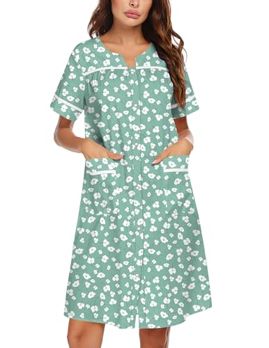 Image of Ekouaer Nightgowns for Women House Dress with Pockets Snap Front House Coat Short Sleeve Duster Moo Moos Sleepwear S-3XL