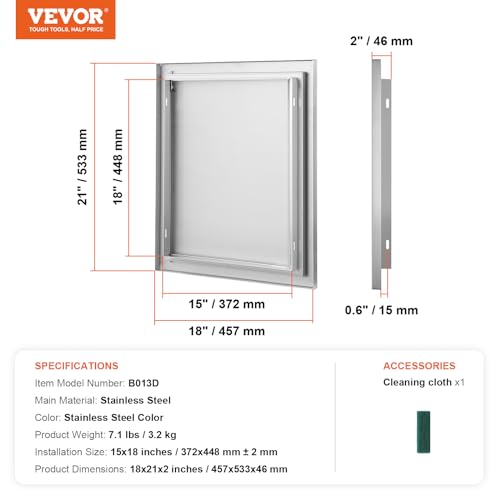 VEVOR Grillzugangstür, 457 x 533 mm, Einzelne Außenküchentür, Flächenbündig Montierte Edelstahltür, Vertikale Wandtür mit Versenkbarem Griff, für Grillinsel, Grillstation, Außenschrank