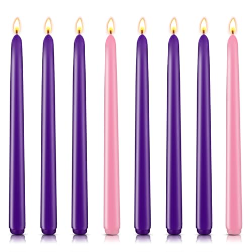 Christmas Advent Candles Set, 6 Purple and 2 Pink Taper Candles, 10" Unscented Candlestick for Seasonal Celebrations