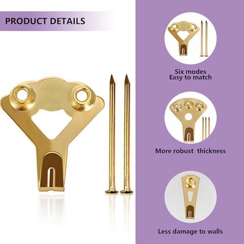 Image of 120Pcs Picture Hook Set in 6 Sizes (10LB /20LB /30LB /50LB /75LB /100LB) and 71pcs Nails, Wall Mounting Various Decorative Items, Frames, Photos, Mirrors, Picture Hooks, Clocks and Clothing Holders (Gold)