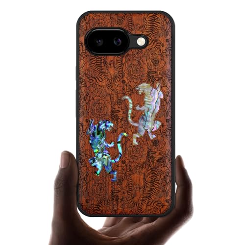 Carveit Madera Funda para Google Pixel 9a Compatible con MagSafe [Grabado en Madera e incrustación de mejillones] Magnética Cover para Pixel 9a Carcasa (Rosa-Tigre Entre Flores)