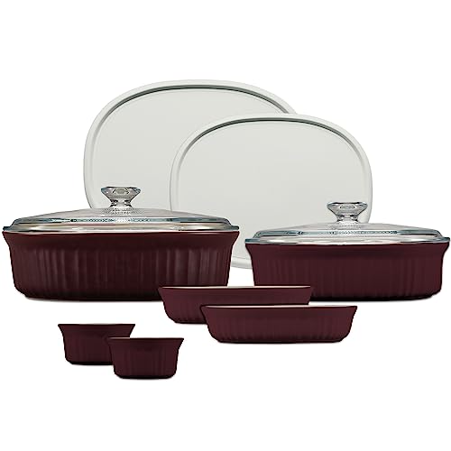 CorningWare Ceramic Bakeware Set with Lids, Chip and Crack Resistant Stoneware Baking Dish, Microwave, Dishwasher, Oven, Freezer and Fridge Safe, 10-Piece French Cabernet