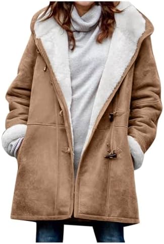 Womens Sherpa Lined Jackets Winter Fashion Horn Button Fleece Jackets Soft Comfy Hooded Parka Faux Suede Pea Coat