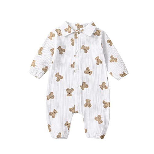 Image of YINGISFITM Newborn Baby Boy Girl Fall Clothes Cotton Linen Romoer Long Sleeve Bear Print Jumpsuit Onesie Cute Outfits