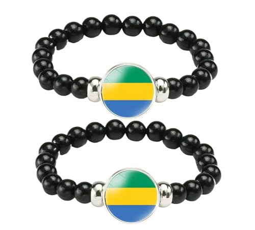 ZENRUIMING Lot de 2 bracelets avec drapeau du Gabon, faits à la main, cordon extensible, réglable, en résine, sans pierre précieuse, Adjustable, Résine, Pas de gemme