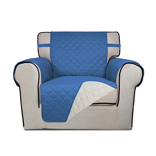 Image of PureFit Reversible Quilted Sofa Cover, Water Resistant Slipcover Furniture Protector, Washable Couch Cover with Non Slip Foam and Elastic Straps for Kids, Dogs, Pets (Chair, Blue /Ivory)