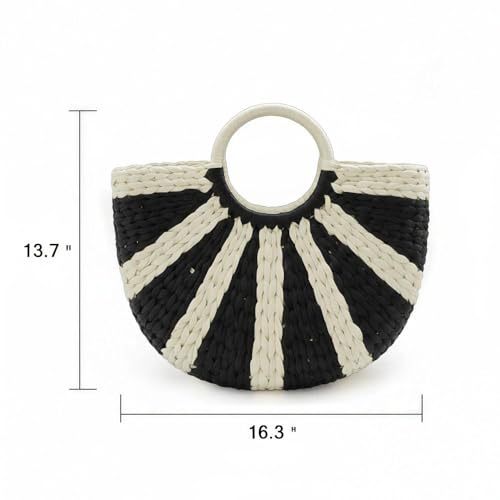 Bolso redondo retro de paja trenzada azul y beige miniatura 4