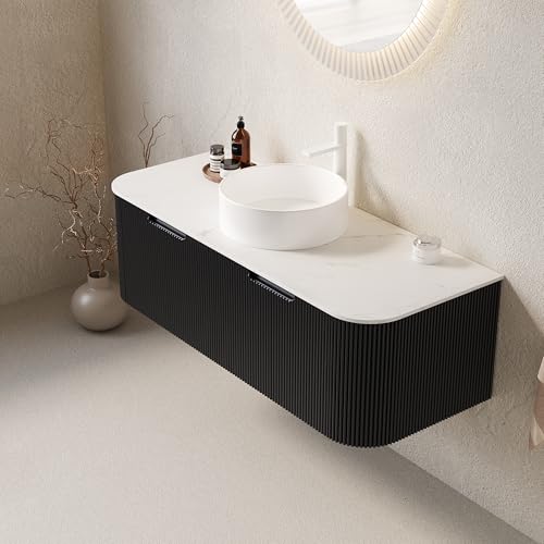 Image of KEIKI 48 inch Wall-Mounted Floating Bathroom Vanity with Sink, Pre-Assembled Storage Cabinet with 3D Textured Drawers & Curved Edge Design, Durable Ceramic Basin, Black