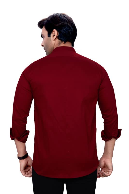 Image of Men's Cotton Solid Regular Fit Mandarin Collor Shirt - Maroon