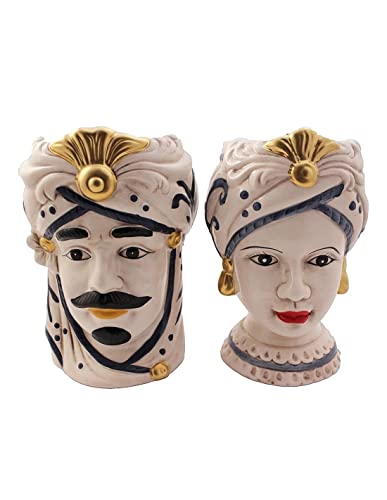 Coppia teste di moro in ceramica siciliana decorata a mano colore blu e oro vaso grande H 25 cm