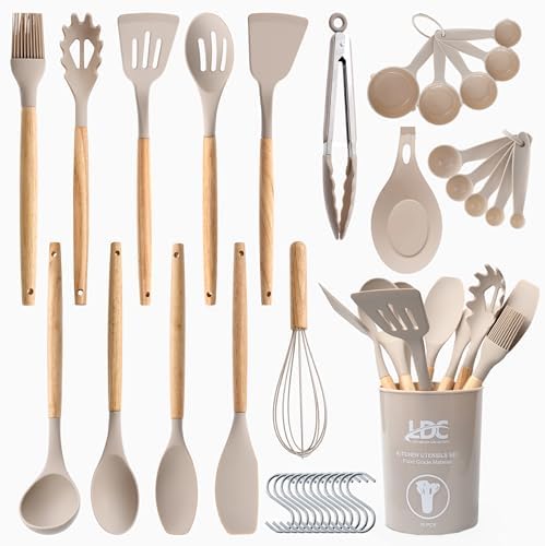 LDC Silicone Cooking Utensils Set 35 Piece with Holder - BPA Free Food Grade Silicone, Heat Resistant Wooden Handles, Cooking Spatula Set for Nonstick Cookware (Khaki)