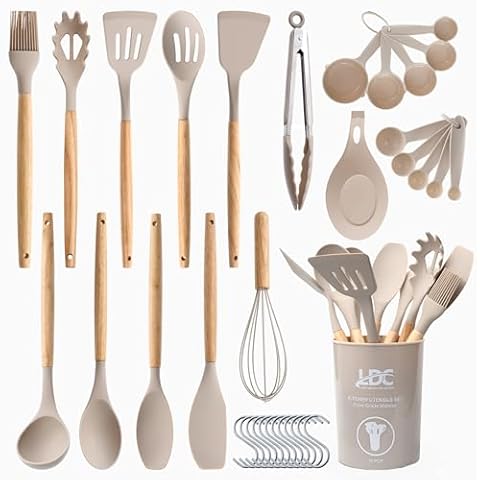 LDC LUX DECOR COLLECTION 35 PCs Cooking Utensils Set with Holder - Non-Stick Food Grade Silicone, Wooden Handles Cooking Spatula Set - Kitchen Cookware Spoons and Tools (Khaki) Cover