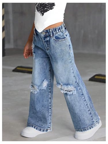 SHENHE Girl's Baggy Jeans Ripped Distressed Wide Leg Elastic Waist Kid Denim Pants with Pockets4