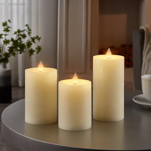 Image of Flameless Pillar Candles Flickering with Remote Timer, Battery Operated LED Candles Up to 400 Hours, 3D Moving Flame Real Wax Candles. (Ivory Water Ripples, Set of 3)