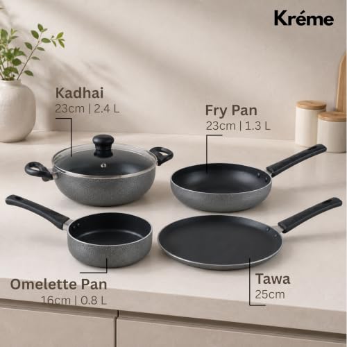 Image of Kreme Non Stick Cookware Set 4pcs | Aluminium Cookware Set Combo | Non Stick Flat Tawa, Fry Pan, Sauce Pan, Kadhai with Lid | Uses Less Oil | Non-Induction Base | Gas Stove Compatible Kitchen Set