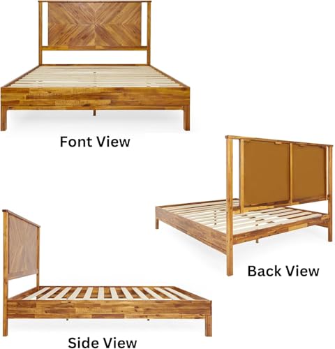 Image of Bme Vivian 14 Inch Deluxe Bed Frame with Headboard, Rustic & Scandinavian Style with Solid Acacia Wood, No Box Spring Needed, 12 Strong Wood Slat Support, Easy Assembly, Queen, Rustic Golden Brown