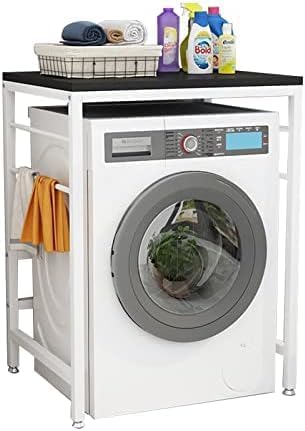 46453 Front Loading Washing Machine Dryer Storage/Washing Machine Storage Unit with Freestanding Bathroom Stand - Black top & white frame.-image-18