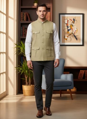Image of LATEST CHIKAN Men's Nehru Jacket | Ethnic Waistcoat with Mandarin Collar | Premium Textured Fabric | Party, Wedding
