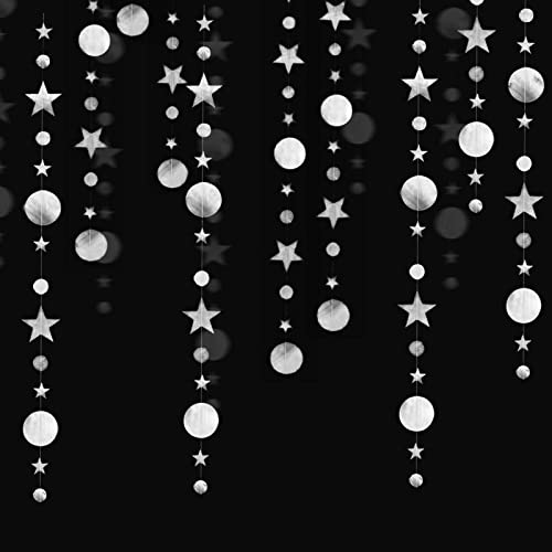 VIKSAUN 65 Pieds Guirlandes Étoile Papier, Kit de Guirlandes en Petite Étoile, Party Decoration Circle Dot Garland, Banderole Plafond Toile de Fond Bannière Décorer pour Anniversaire Mariage (Argent