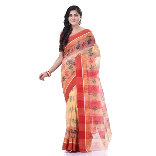 Image of dB DESH BIDESH Women`s Bengal Tant Tree Print Design Pure Handloom Cotton Saree Without Blouse Piece