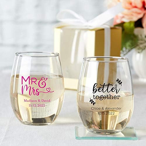 Kate Aspen 9 oz. Personalized Stemless Wine Glass - 48pcs/Gold - Custom Wedding Favors and Bridal Shower Party Favors with Customized Designs Text Lines