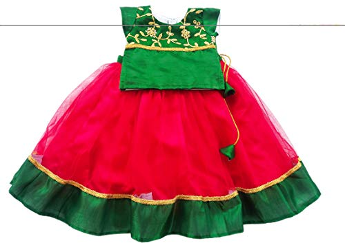 Image of Stanwells Kids Girls Pea Green & Red Lehenga Choli Set | Net Embroidered Ethnic Dress | Traditional South Indian Pattu Pavadai (3-6 Months)
