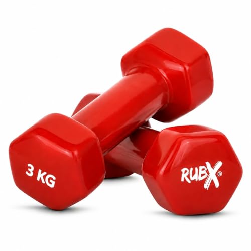 Image of RUBX Premium Unisex (Set for Men & Women) Vinyl Dumbbells Set of 2 |Ideal Home & Gym Workout | Fitness Gym Equipment for Strength Training, Bodybuilding, & Aerobics (3+3=6kg (RED), 3 KGS Each)