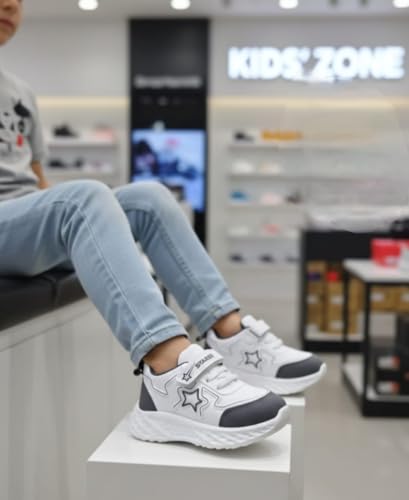 Image of High Fashion Kids Athletic Sneakers, White and Grey Sports Shoes, Breathable Synthetic Mesh, Hook and Loop Closure, Ages 4-8 Years, Summer Collection