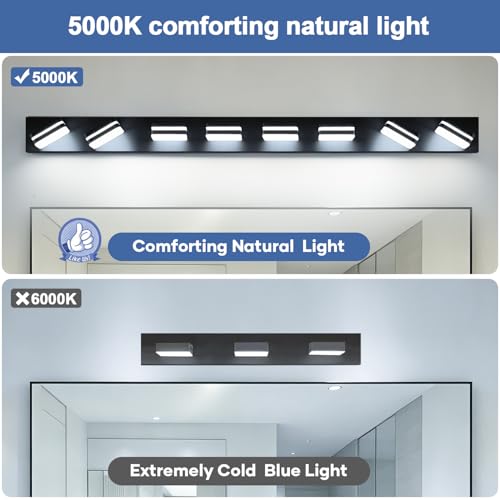 Image of Torondo 360 Rotate LED Bathroom Vanity Light Fixtures, Acrylic Vanity Lights for Bathroom, Modern Wall Lighting Fixtures Over Mirror Living, Matte Black, Natural White, 8-Light, 53-Inch