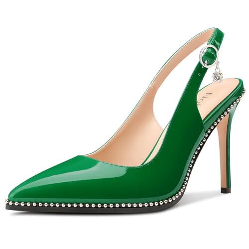 Image of NobleOnly Slingback Beaded Pumps for Women High Stiletto Heel Pointed Toe Slip-on Dress Sandals Adjustable Buckle Rhinestone Patent Leather 3.9 Inches Heels