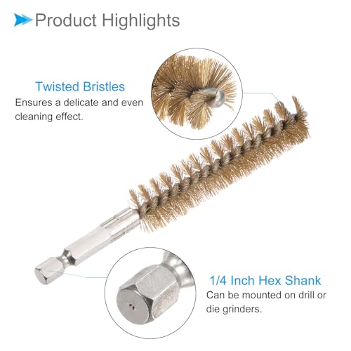 Image of Bore Brush, 17mm Dia 75mm Length, Brass Twisted Cleaning Wire Brushes with 1 /4 inch Hex Shank - (Applications: for Power Drill), 3-Pieces