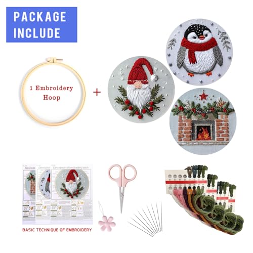 Image of EOBTAIN 3 Pcs Funny Christmas Embroidery Kit for Beginners,Red Gnome and Penguin Embroidery Starter Kit Winter Xmas Fireplace Stamped Patterns with Hoop,Thread,Needles,Hand DIY Craft Kits for Adults