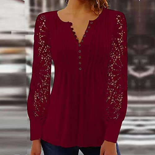 Sexy Tops For Women Elegant Lace Lantern Long Sleeve T-Shirt Trendy Sexy Button V Neck Spring Tunic Tops Blouse #TOP1