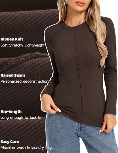 Image of Kate Kasin Fall Women Fitted Long Sleeve Shirt, Ribbed Knit Crewneck Top
