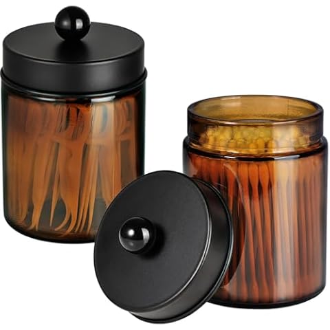 Amolliar Amber Glass Qtip Holder, Apothecary Jars with Matte Black Metal Lid & Stickers-Bathroom Qtip Dispenser Storage Organizer Set,Vanity Counter Canister for Cotton Swabs,Round Pads,Floss (2 Pack) Cover
