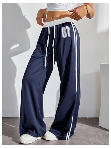 Floerns Women's Letter Striped Drawstring Baggy Pants Mid Rise Casual Wide Leg Trousers2