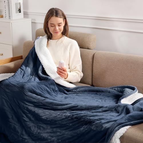 Electric Throw Heating Blankets 50X60in - Fleece Heated Throw Washable with 5 Heating Level & 4 Hour Auto Off Small Heated Blanket for Office Chair Blanket for Winter Great Gift Ideas(Navy Blue)