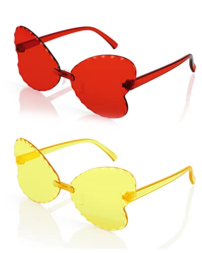 FEISEDY 2 Pack Kid's Rimless Butterfly Shaped Sunglasses Girls and Boys One Piece Transparent Trendy Cute Glasses B4070-F2
