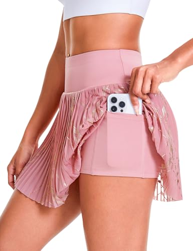 Mlenhor Women's Athletic Skort High Waisted Pleated Tennis Skirt with Pockets Workout Running Golf Skirts (US, Alpha, Small, Regular, Regular, Gold Print)