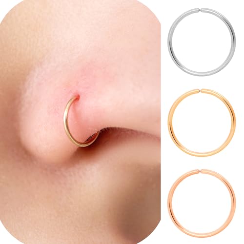 3Pcs Thin Nose Rings Hoops for Women, 14K Gold Filled, Sterling Silver, Rose Gold, 22 Gauge Nose Rings 7mm, 22G Gold Nose Ring, Small Nose Ring Silver