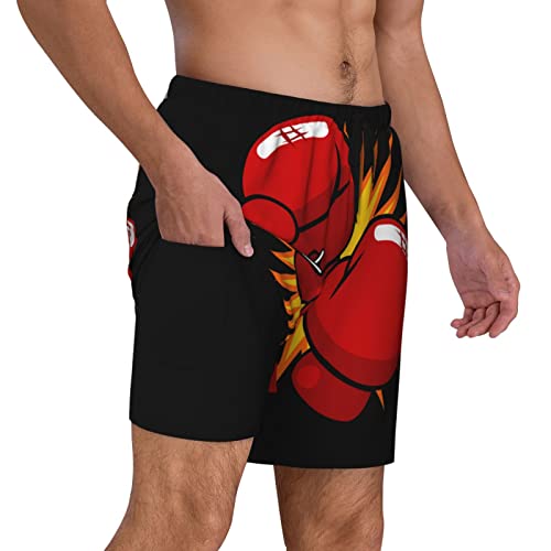 Mens Boxing Gloves Swim Trunks with Compression Liner Quick Dry Beachshorts
