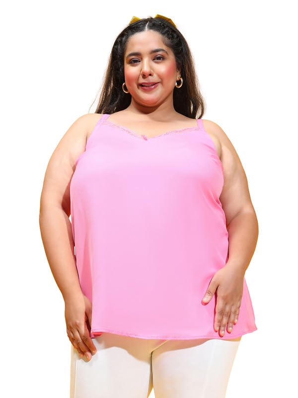Image of oxolloxo Women Plus Size Soild V-Neck with Lace Detailed Sleeveless Strappy Top