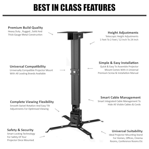 Image of CAPRIGO Heavy Duty 1 Feet to 2 Feet (12 Inch to 24 Inch) Adjustable Projector Ceiling Mount Stand, Universal Projector Wall Mounting Bracket Kit with Swivel, Tilt & Height Adjustments (B447)
