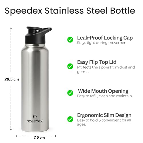 Image of Speedex Stainless Steel Water Bottle 1 Ltr, Leak Proof Sipper Cap, BIS Approved 1000 ml Metal Bottle For Daily, Office, School, Gym, Travel Use for Men, Women, Kids, Adults, Silver, Set of 3