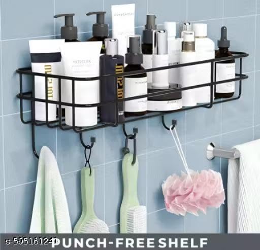 (Pack of 2) Steel Self-Adhesive Multipurpose Bathroom Shelf with Hooks/Towel Holder/Rack/Bathroom Accessories - Wall Mount - Pack of 2 (Black,Powder Coated)|BHR-P2473 3