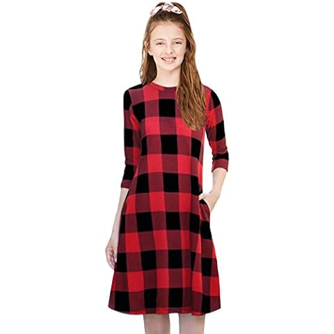 KYMIDY Girls Buffalo Check Plaid Dress Kids 3/4 Sleeve Casual Midi Dresses with Pockets for Girls, 6 Years, Red Cover
