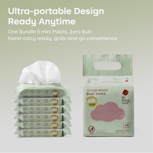 Image of Bc Babycare Cloud Moist Baby Travel Wipes, 6 Pack, On The Go Pocket Size, Ultra Thick, 99% Water, Unscented, Hypoallergenic for Sensitive Skin, Biodegradable