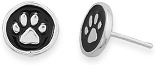 Paw Print Stud Earrings Black and Sterling Silver 9mm Diameter